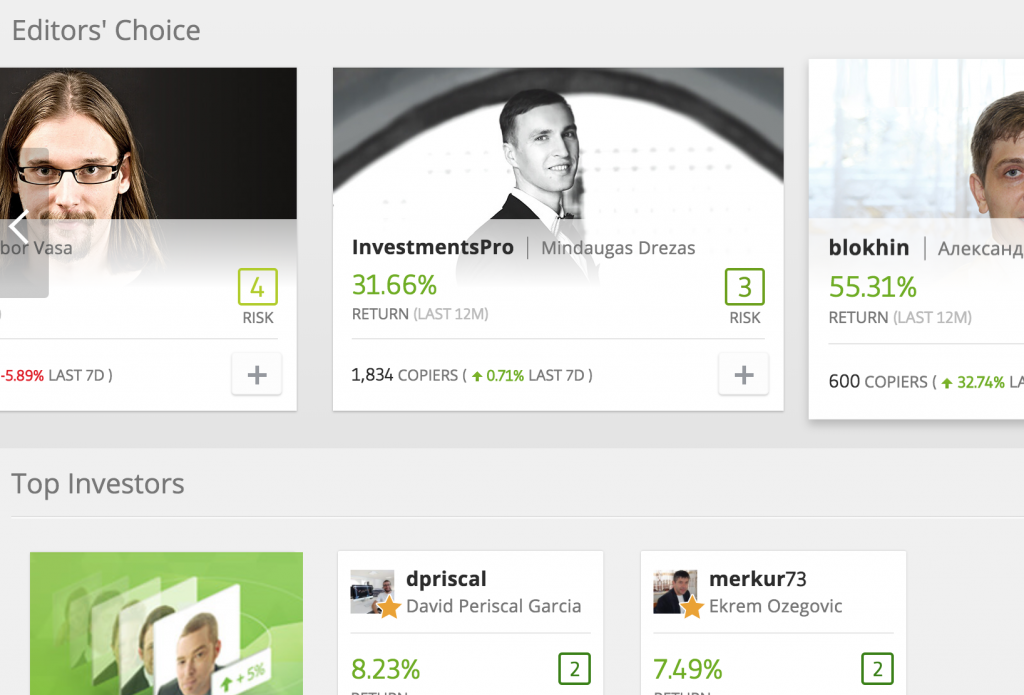 The Copy Trading screen on eToro, showing some of the traders you can copy trade.